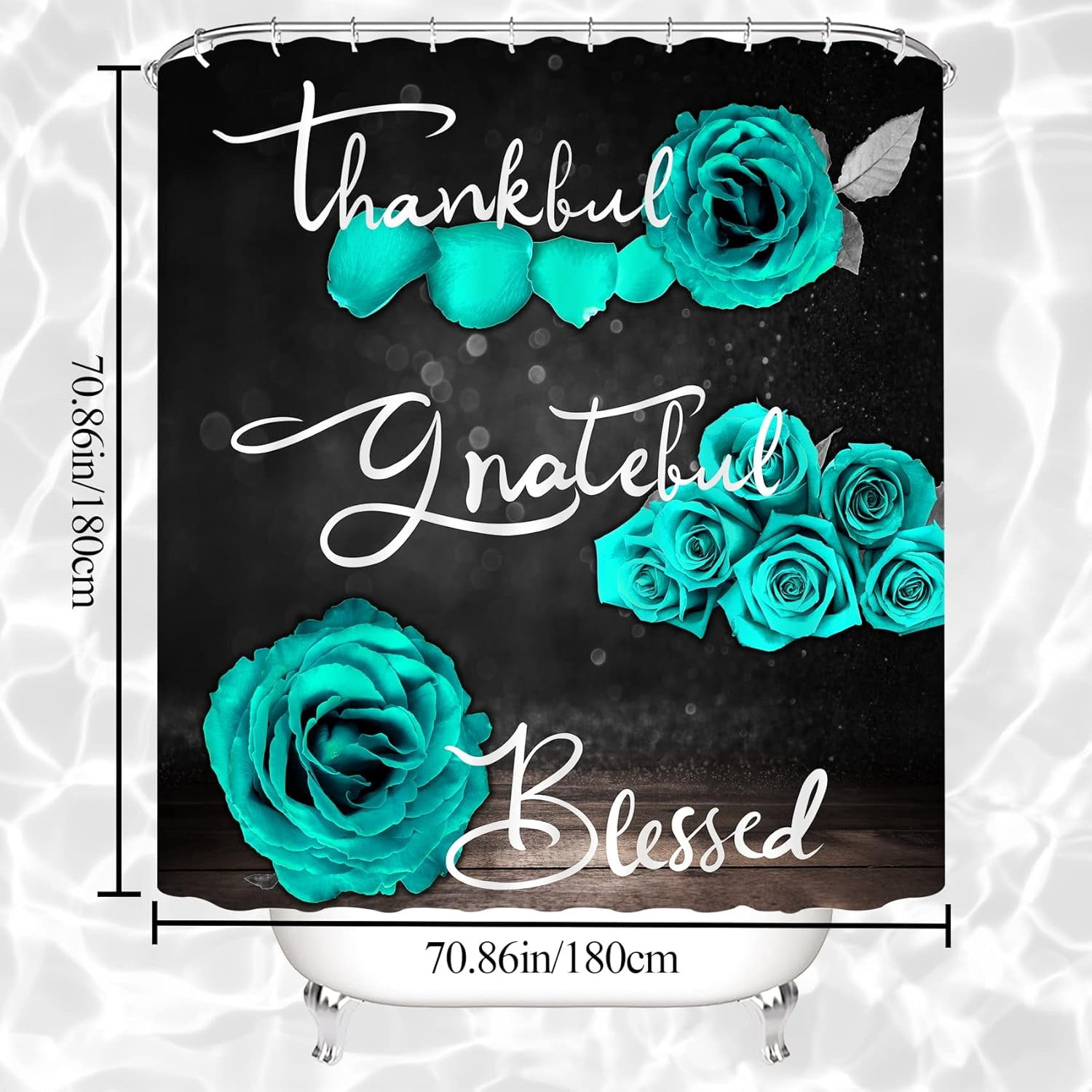 Teal Rose Shower Curtain Set, Thankful Grateful Blessed Turquoise Bathtub Curtain with Non-Slip Rug, Toilet Lid Cover, Bath Mat and 12 Hooks, Romantic Green Floral Bathroom Decor