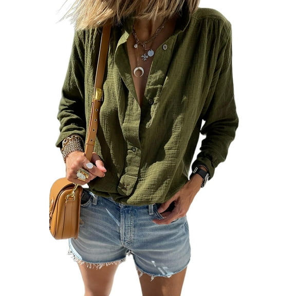 Women's Vintage-Inspired Jungle Green Crinkle Textured Button Up Long Sleeve Shirt