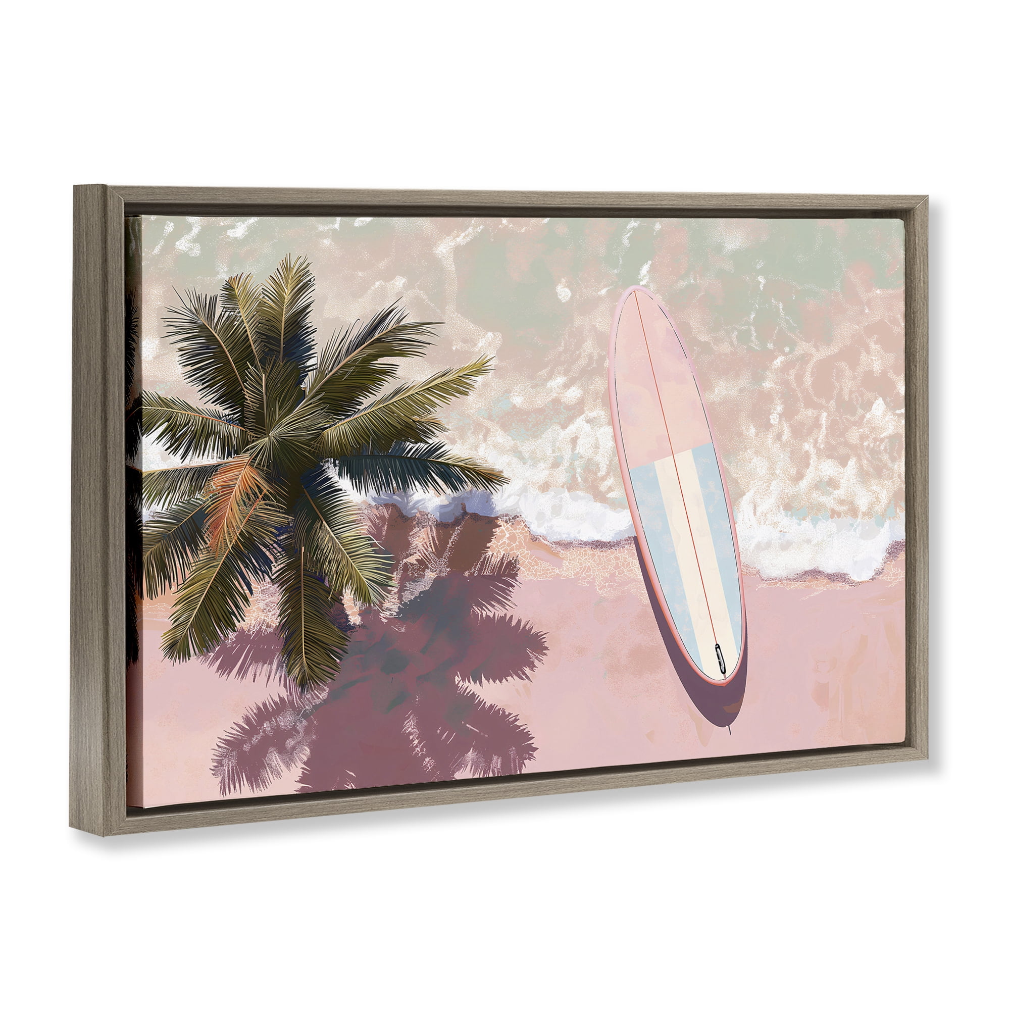 Stupell Industries Blush Pink Surfboard & Palm Brown Framed Floater Canvas Wall Art, design by Jacky Ngan