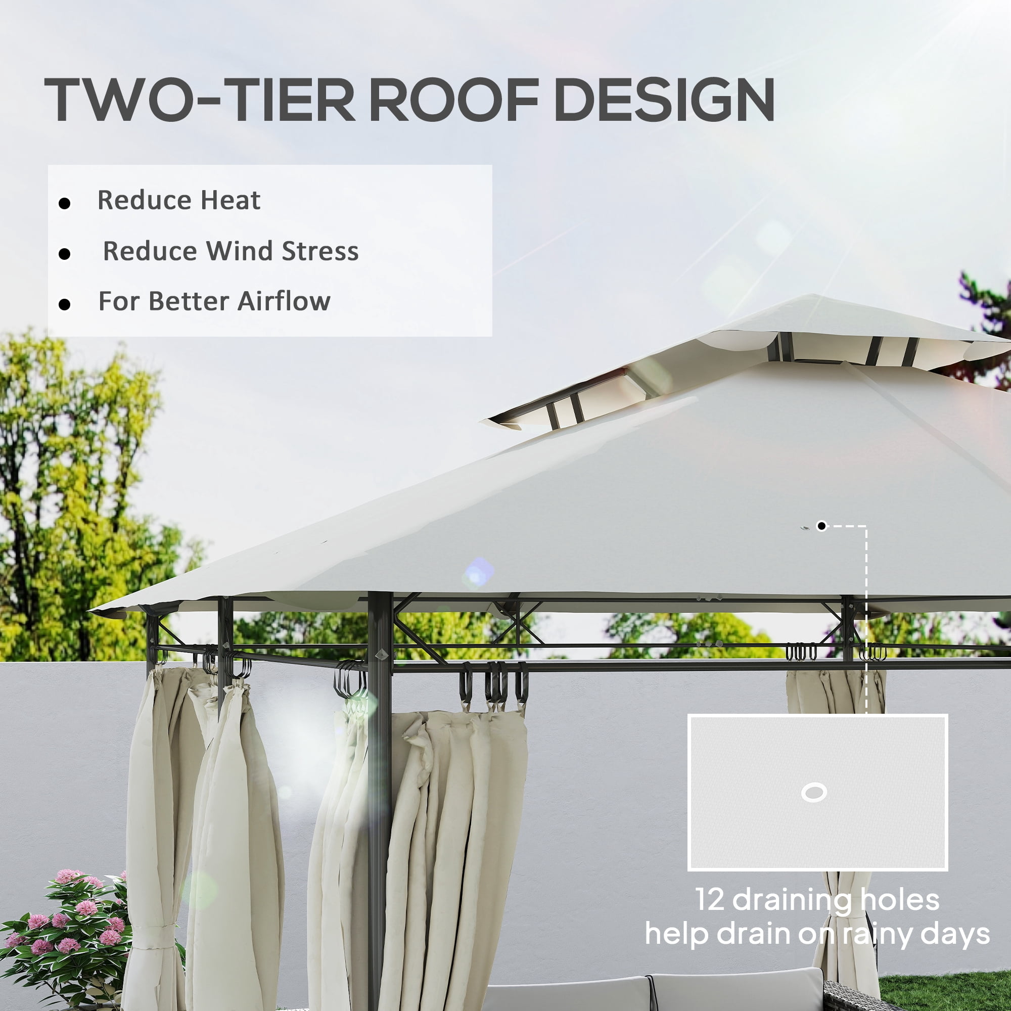 Outsunny 10' x 13' Patio Gazebo, Double Roof Outdoor Gazebo with Curtains and Metal Frame for Garden, Lawn, Backyard and Deck, Cream White