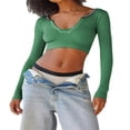thumbnail image 1 of Women Long Sleeve Shirt Ribbed Pullover Crop Tops Streetwear Clubwear, 1 of 4