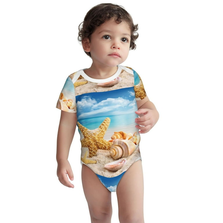 Xecao Beach Starfish Shell Pattern Baby Climbing Bodysuit Short