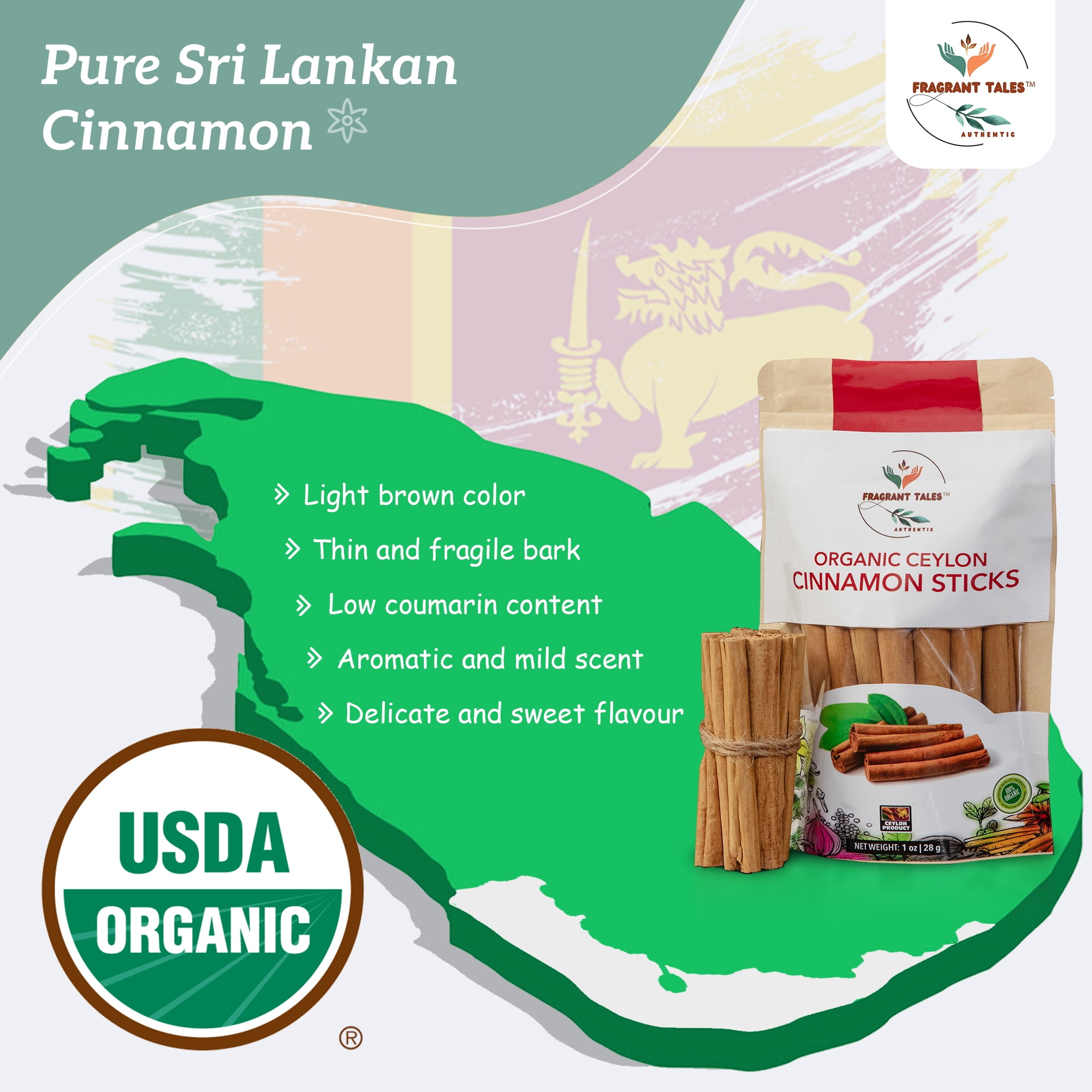 Fragrant Tales Organic Ceylon Cinnamon Sticks - 1 lb (454g), USDA Certified, Non-GMO, True Cinnamon