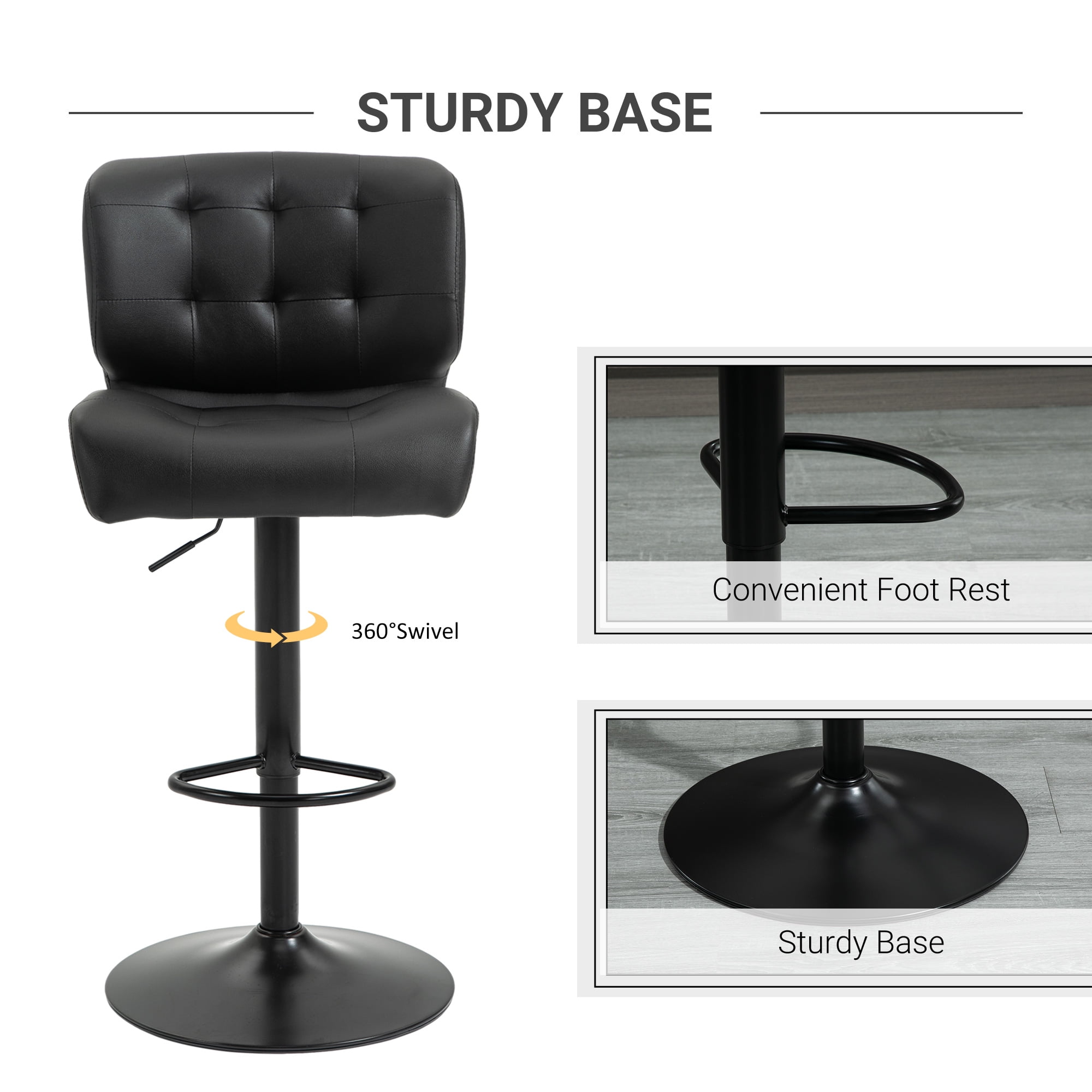 HOMCOM Bar Height Bar Stools Set of 2 with Adjustable Seat, Thick Padded Cushion and Metal Footrest for Home Bar, Black