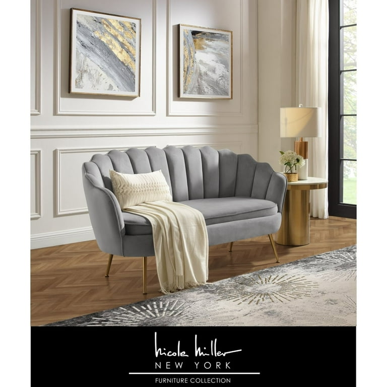 Dallin Loveseat Upholstered Channel Tufted Scalloped Edges Tapered Polished Gold Legs