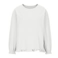 thumbnail image 4 of VKOYWKM Women's Cotton Linen Shirts Spring Summer Crew Neck Boho Top Vintage Solid Color Ruffle Trim Blouses Loose Casual Long Sleeve Tee Tops, 4 of 8