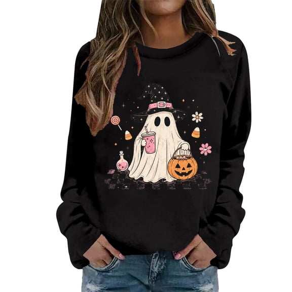 HAIJIE Women Crew‑Neck Pullover Top, Long‑Sleeve Halloween Graphic Print Sweatshirt, Casual Wear For Halloween Christmas Fall Winter Holiday Assemblies (Black,L)