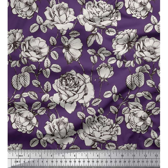 Soimoi Purple Polyester Crepe Fabric Leaves & Black Sketch Flower Decor Fabric Printed BTY 52 Inch Wide