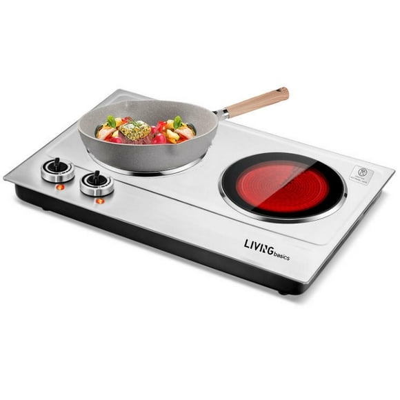 1800W Ceramic Electric Hot Plate with Glass Plate, Dual Control Infrared Cooktop, Built-in and Countertop Burner, Stainless Steel