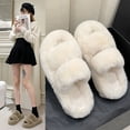 thumbnail image 3 of Pantuflas peludas de suela gruesa para mujer, otoño e invierno, tamaño doble, suela plana, para interiores, cálidas, de algodón de calidad, 3 of 6