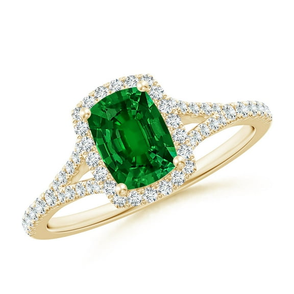 ANGARA Lab Grown Cushion Rectangular Emerald Halo Split Shank Engagement Ring in 14K Yellow Gold for Women (Size-7x5mm) | May Birthstone, Anniversary, Jewelry Gift for Women | Lab Grown Emerald Ring