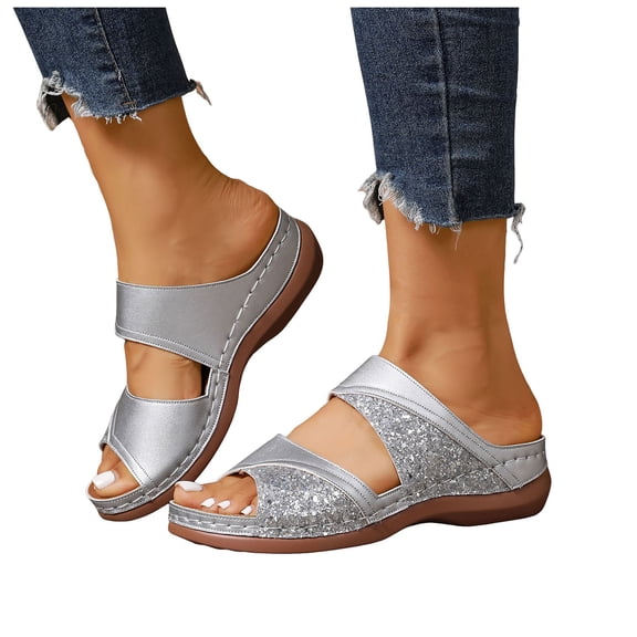 Modstep Womens Glitter Platform Wedge Sandals Summer Comfortable Walking Slides Casual Open Toe Dressy Slippers Beach Shoes size 9.5 Silver