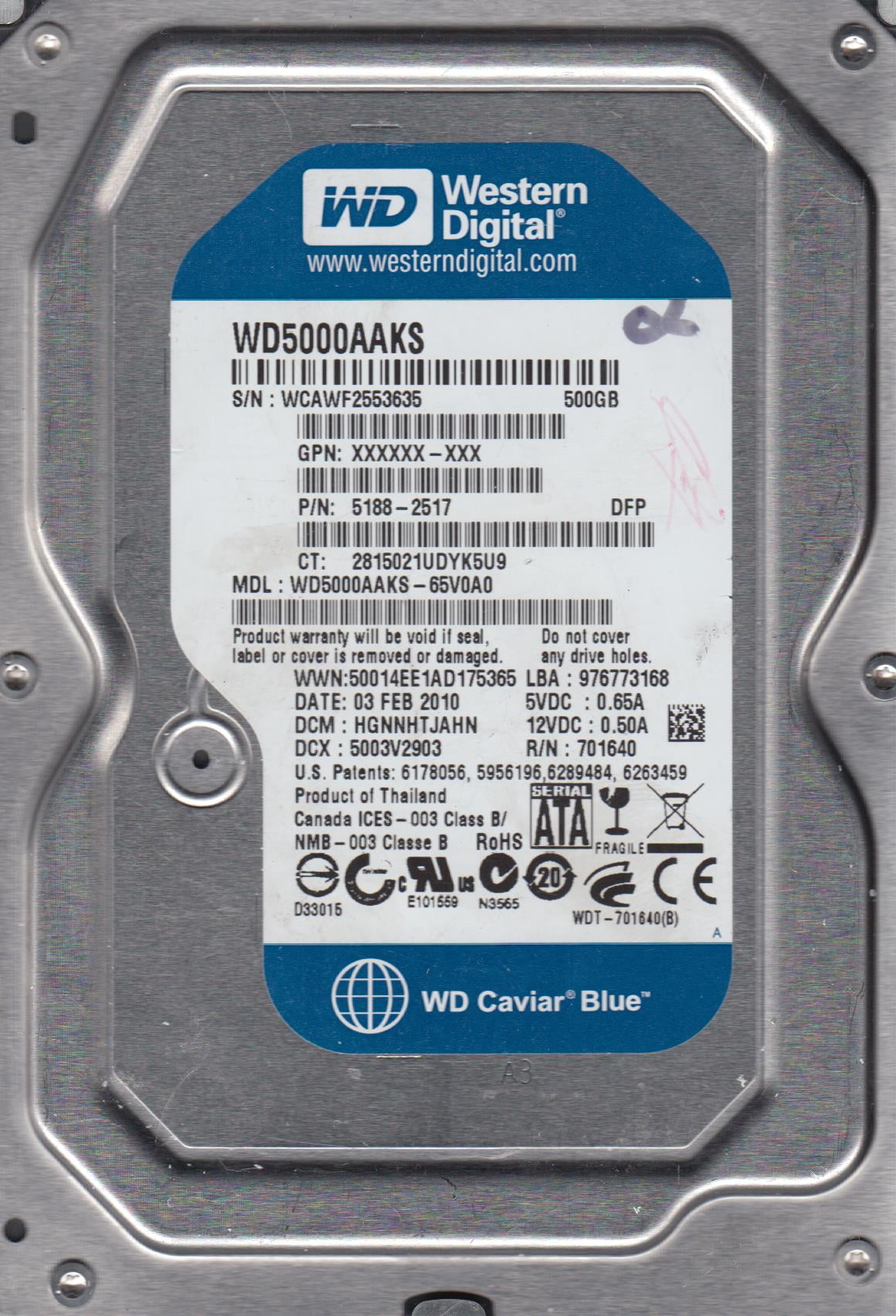 WD5001AALS-00L3B2, DCM HBNNNTJMB, Western Digital 500GB SATA 3.5