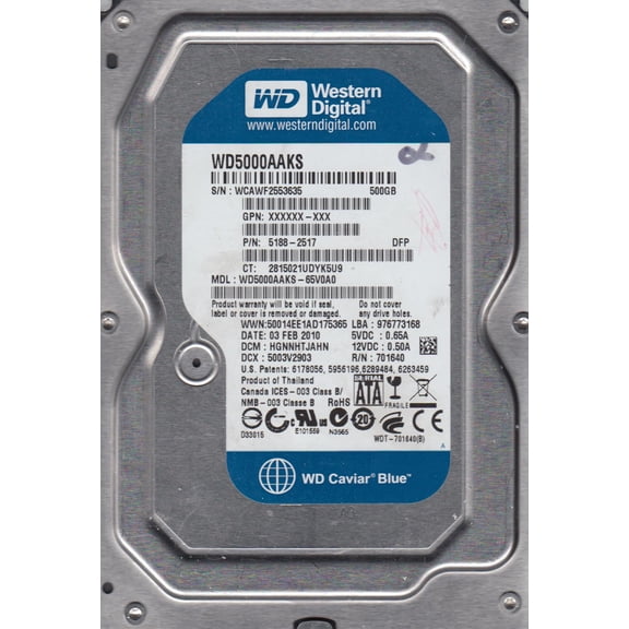 WD5000AAKS-65V0A0, DCM HGNNHTJAHN, Western Digital 500GB SATA 3.5 Hard Drive