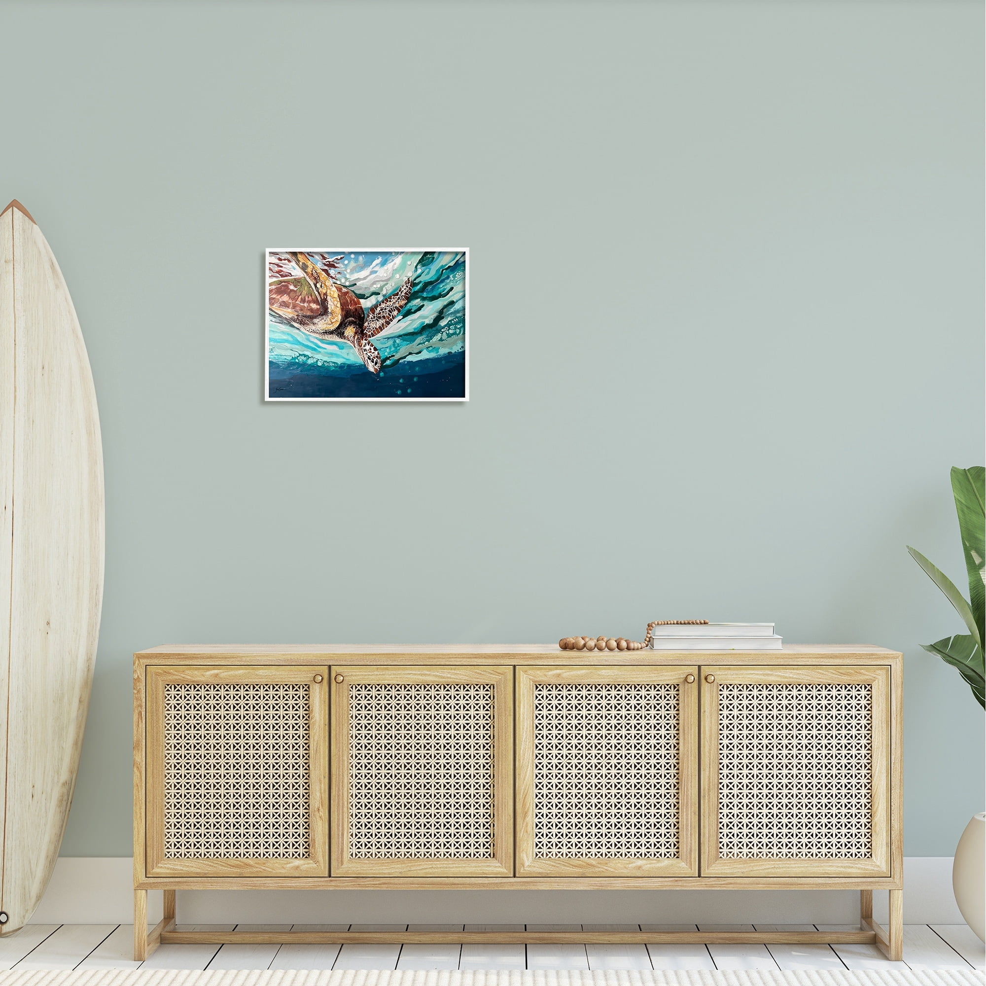 Stupell Industries Splashing Sea Turtle Diving Below Ocean Surface Painting White Framed Art Print Wall Art, Design by Stacy Gresell