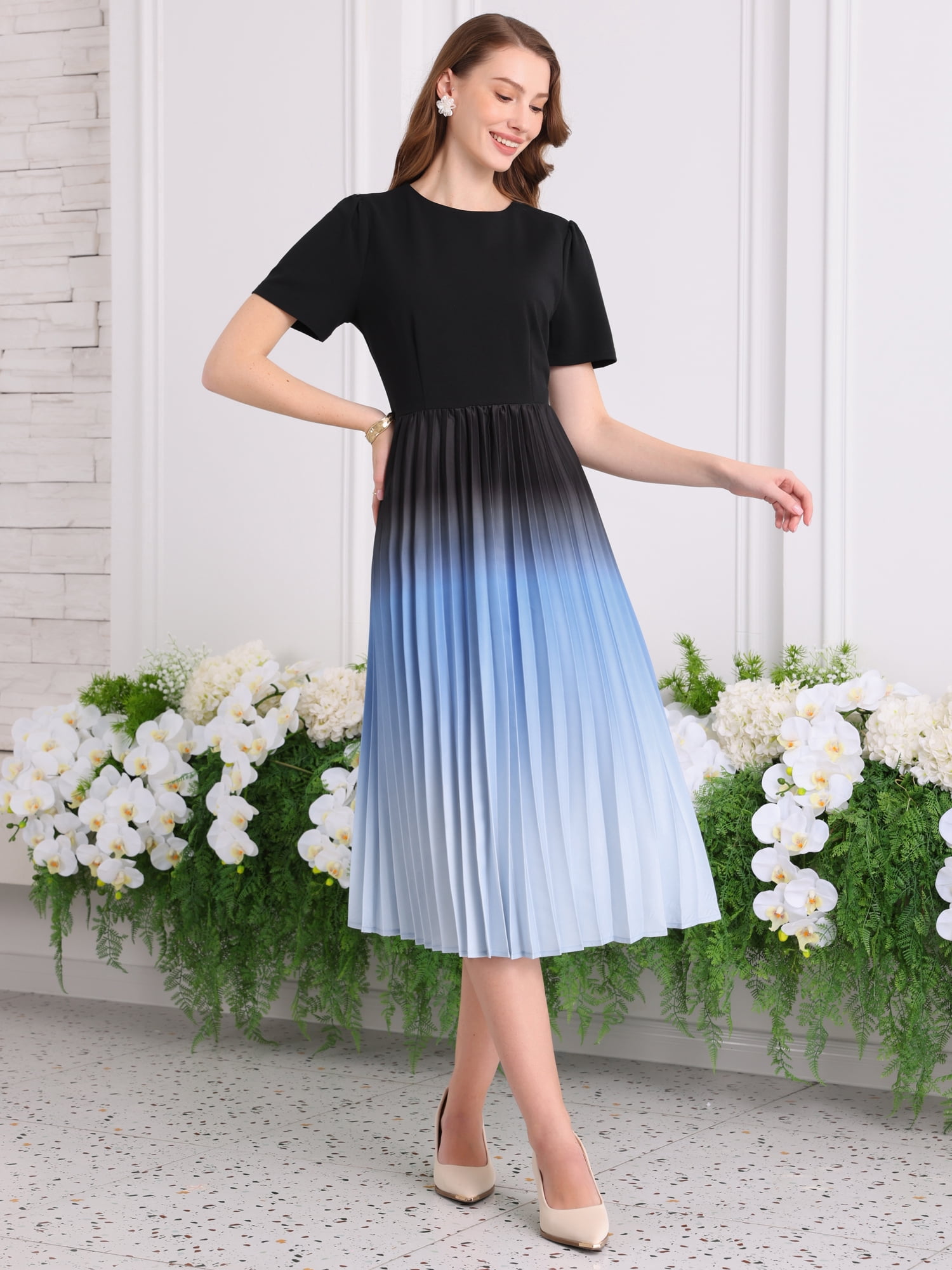DARING DIVA Women's Short Sleeve Pleated Office Work A-Line Midi Dress 2XL Black