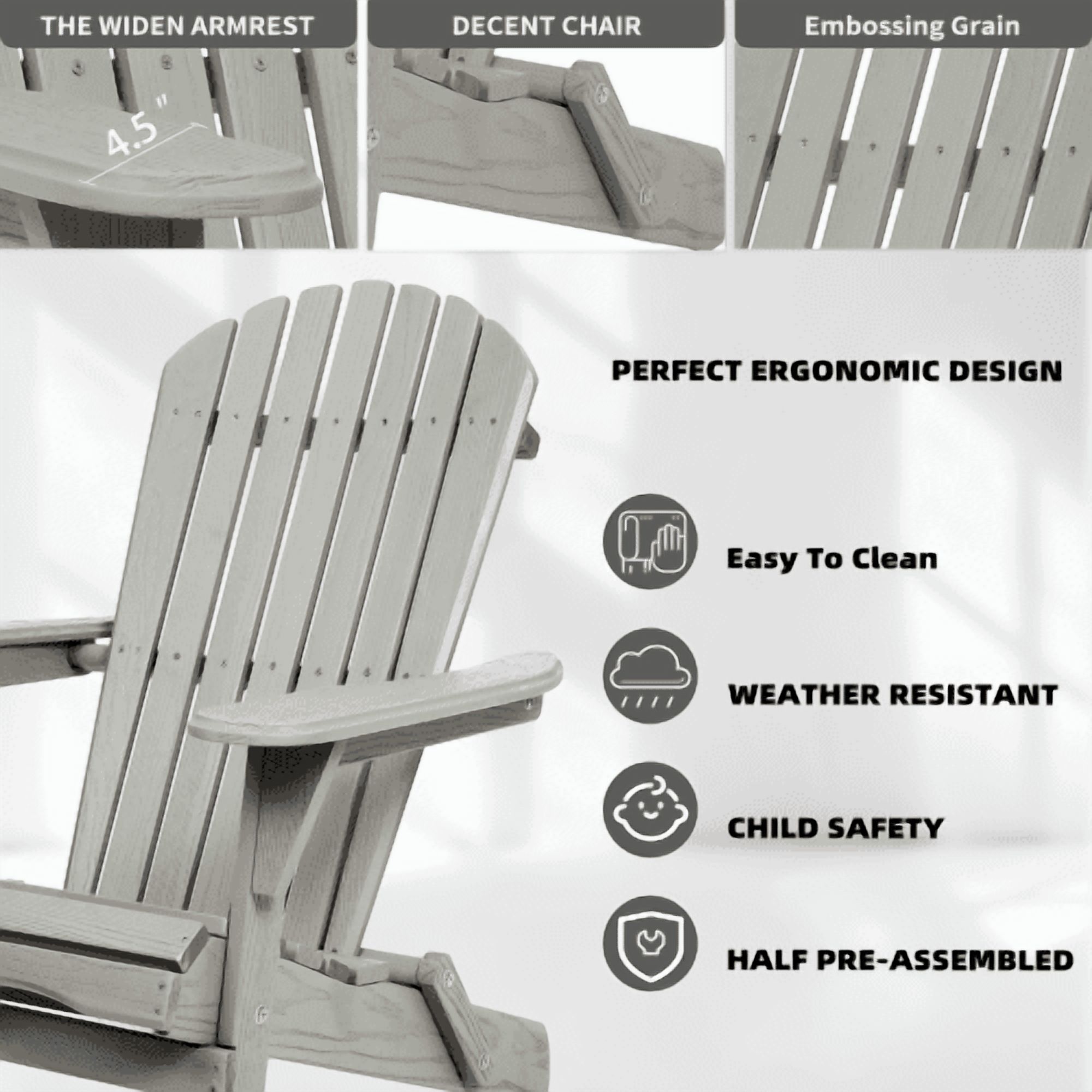 Howcool Wood Lounge Patio Chair for Garden, Outdoor Wooden Folding Embossed Adirondack Chair, Set of 2 Solid Cedar Wood Lounge Chairs with Wood Grain, Backyard, Deck, Poolside