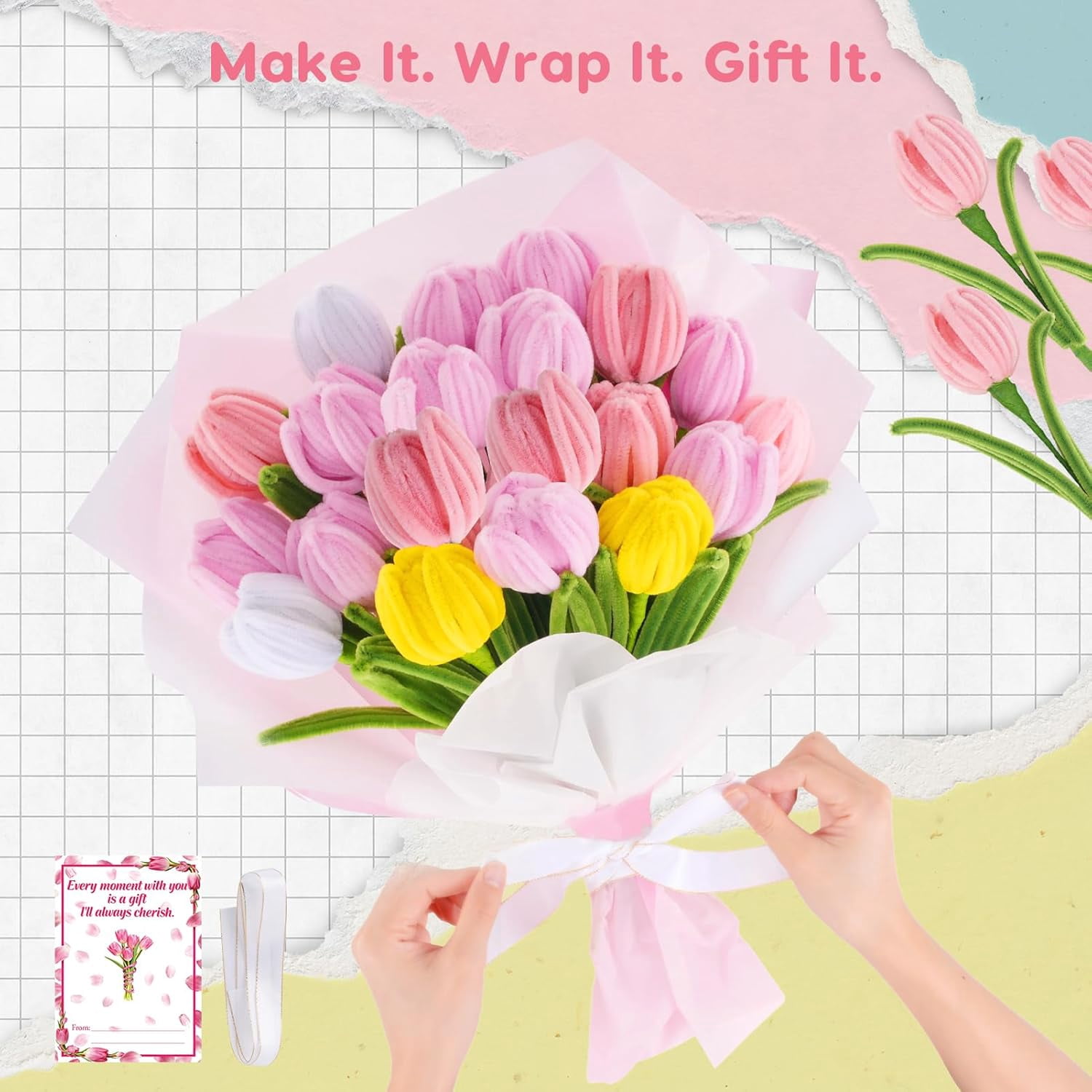 600 pipe cleaner craft set, loose pipe cleaner flower making set, 6-color chenille strip flower making set, suitable for arts and crafts.
