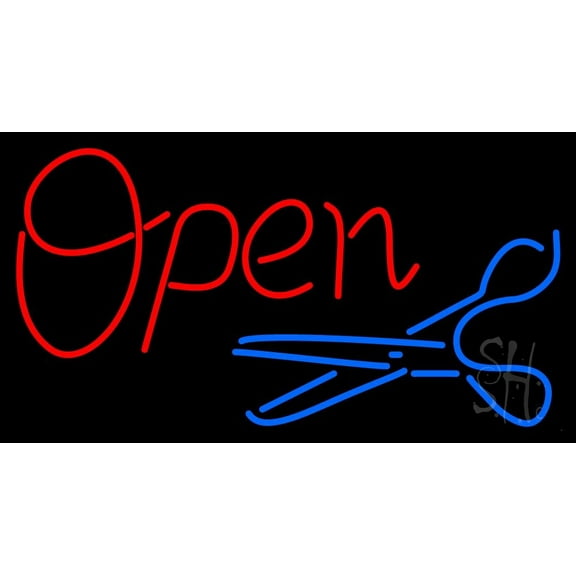 Open With Scissor Logo LED Neon Sign 13 x 24 - inches, Black Square Cut Acrylic Backing, with Dimmer - Bright and Premium built indoor LED Neon Sign for Defence Force.