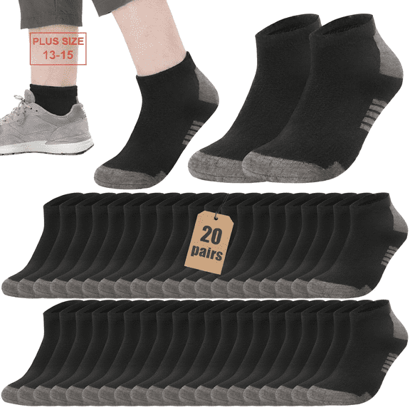 Usavemo 20 Pairs Mens Plus Size Socks Athletic Ankle Socks Casual Socks for Men Size 13-15