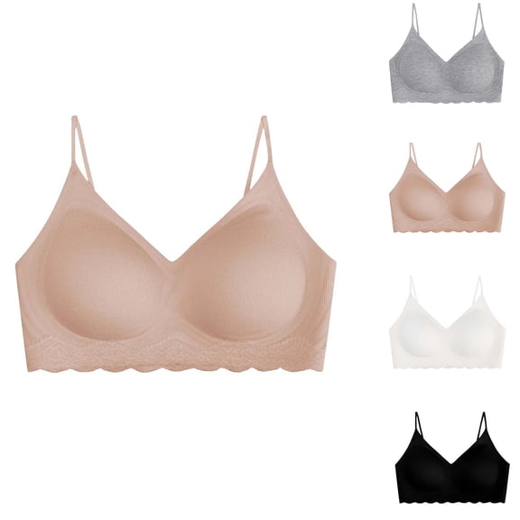 Womens Wire Free Bra, Full Coverage V Neck Medium Support Bra with Spaghetti Straps, Lounge Comfort Bra | VerBelle,Beige L