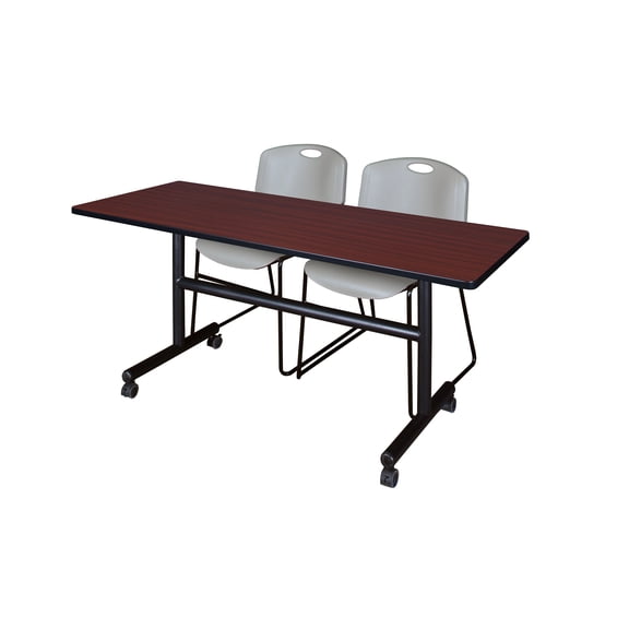 60" x 30" Flip Top Mobile Training Table- Mahogany and 2 Zeng Stack Chairs- Grey