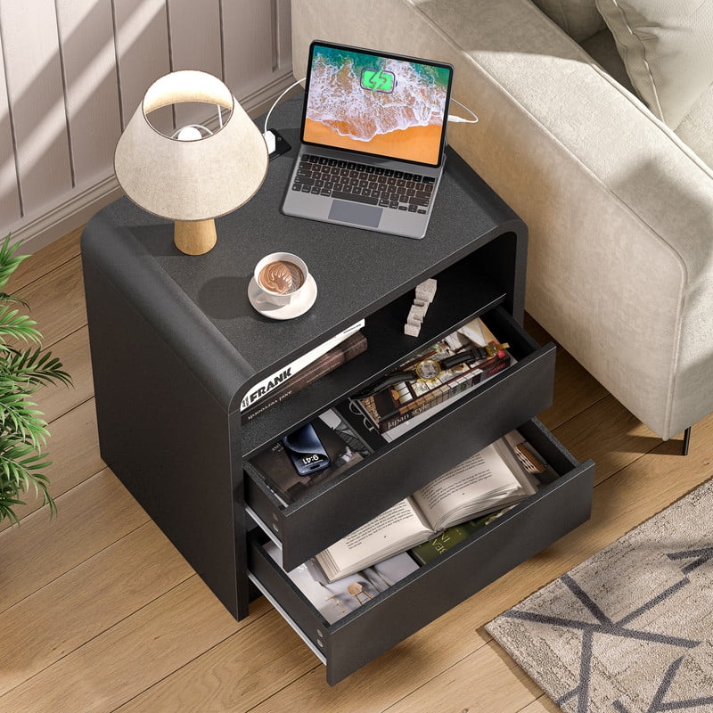 1-PCS Modern Nightstand with Charging Station, Wooden Bedside Storage Table with 2 Handleless Drawers & Open Compartment
