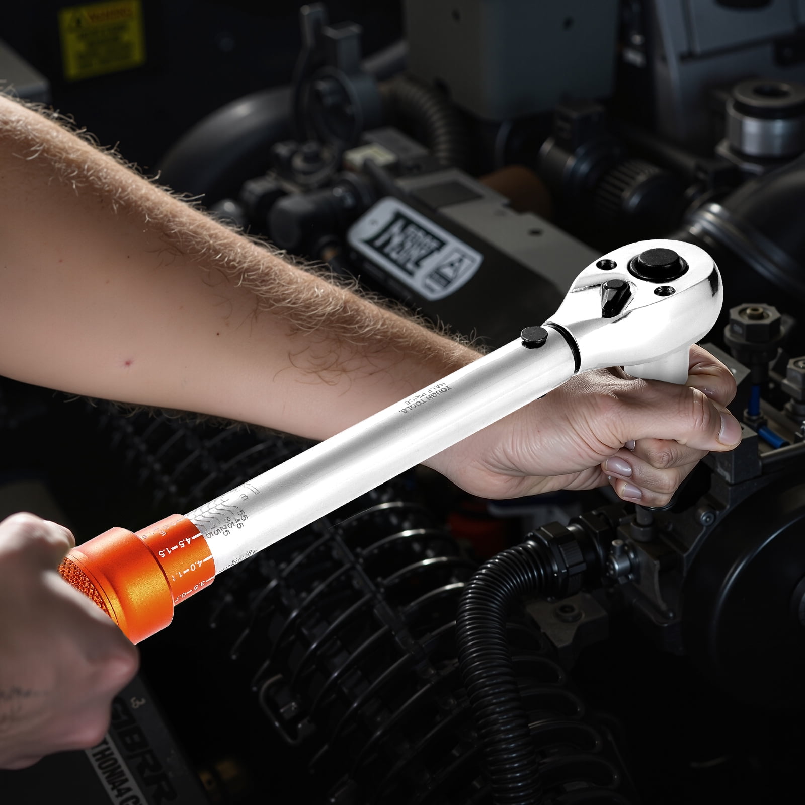 KFFKFF Click Torque Wrench Set, 3/8 Inch Drive, 5-60 N.m / 3.7-44.3 lbf.ft, Dual-direction, 72-Tooth, ±3% Accuracy, Includes Sockets, Bits, Extension Bar, Spark Plug Sockets, Adapter, Orange