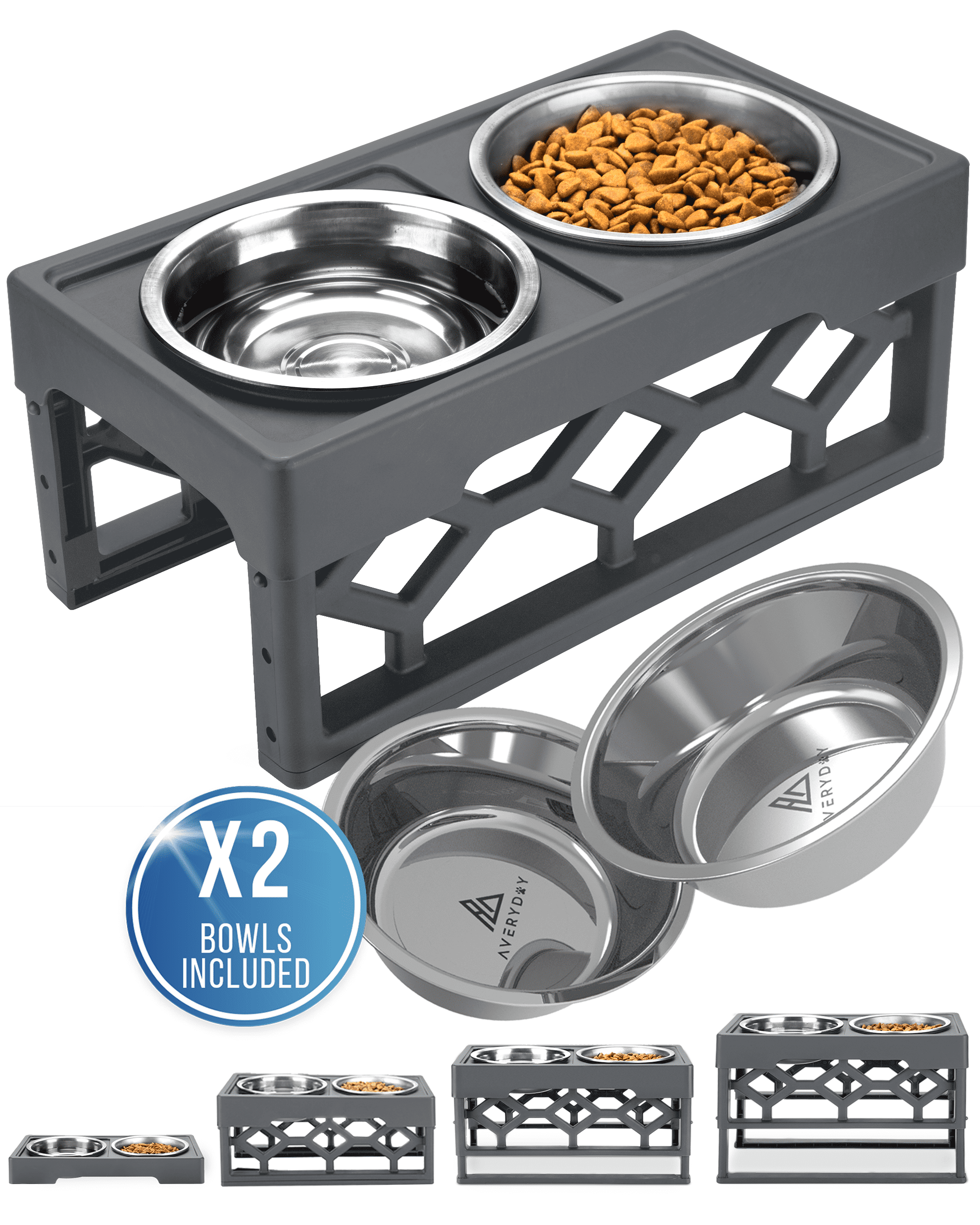 Averyday Small Elevated Spill Proof Dog Bowl with 2 Stainless Steel Dog Food Water Bowls, 4 Adjustable Heights 21, 56, 65, 72 of, Grey