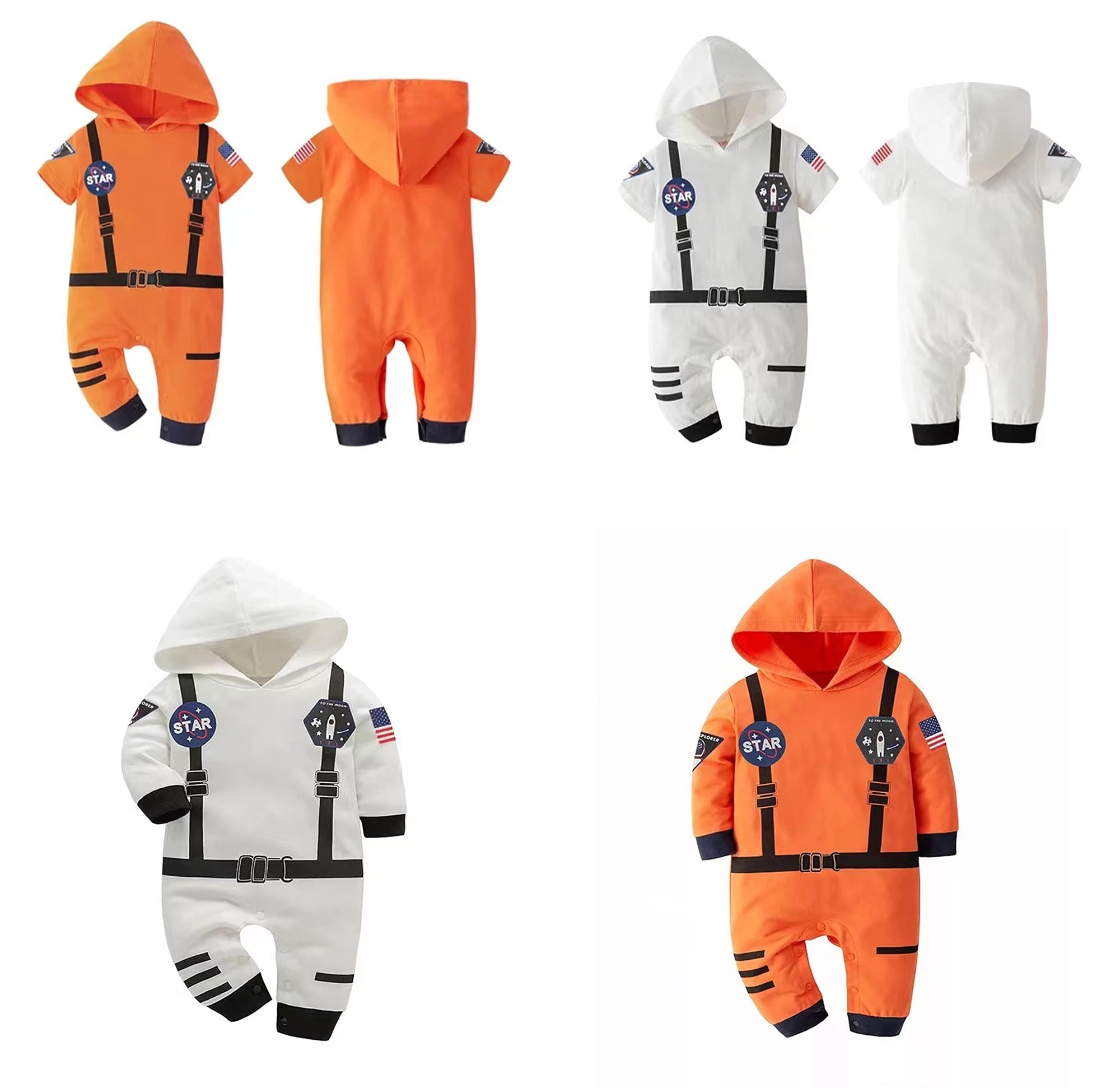 StylesILove Baby Toddler Boy Long Sleeve Astronaut Cotton Onesie Hooded Romper Cosplay Party Halloween Jumpsuit Outfit (18 Months, White - Long Sleeve)