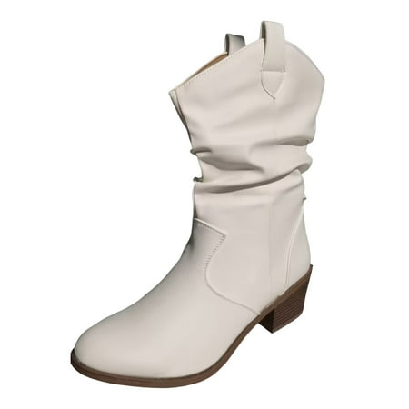 OJSFQUFP Winter Womens Boots Ladies British Fashion Solid Color Suede Pleated Round Head Casual Short Boots Comfortable Fall Shoes Sneaker Boots White 42