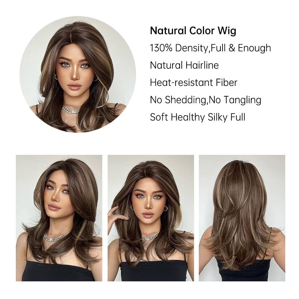 Brown Wigs for Women Light Brown Highlights Blonde Wig Natural Shoulder Length Layered Synthetic Wig for Daily Use