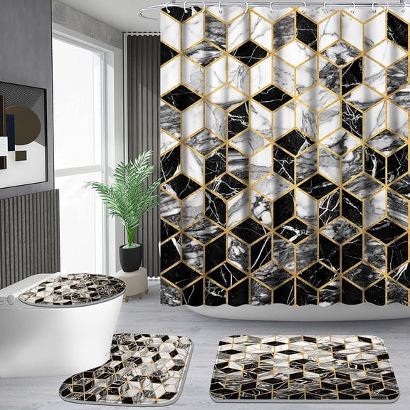 Poedist 4Pcs Shower Curtain Set, Bathroom Sets with Shower Curtain and Rugs, with Non-Slip Rugs,Toilet Lid Cover,Bath Mat and 12 Hooks,71 x 71 Inch,Cube Honeycomb