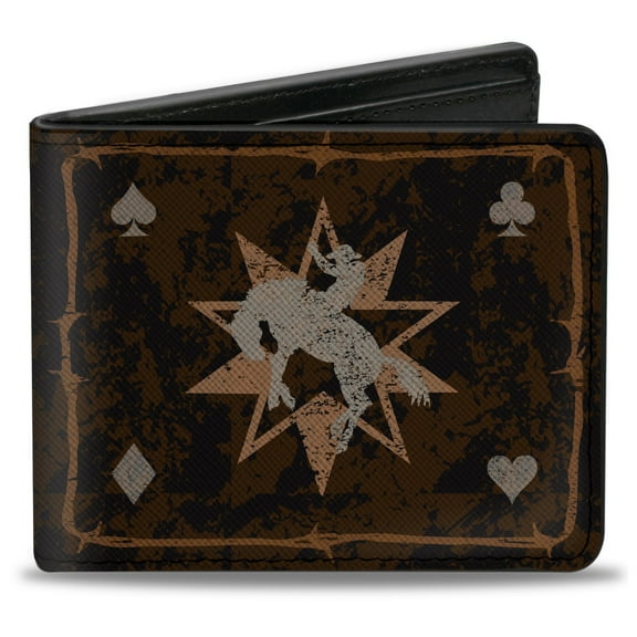 Buckle-Down Wallet, Bifold, Western No Guts No Glory Skull and Crossbones Browns Gray, Vegan Leather