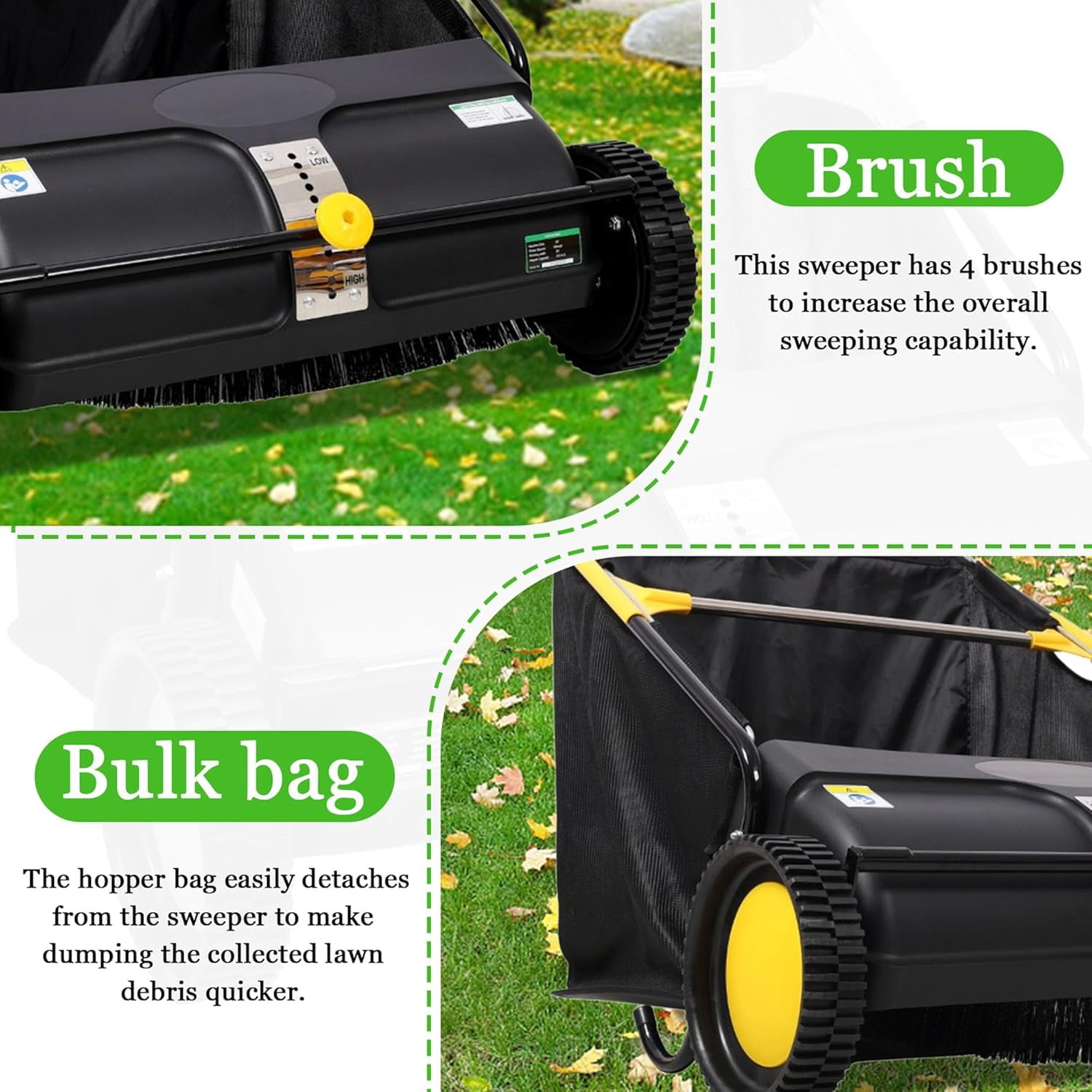 Elleree 26 inch Hand Push Lawn Sweeper for Leaves and Grass Clippings & Yard Debris,Leaf & Grass Collector with Wheels ,4 Spinning Brushes & 7 cu ft Hopper Bag