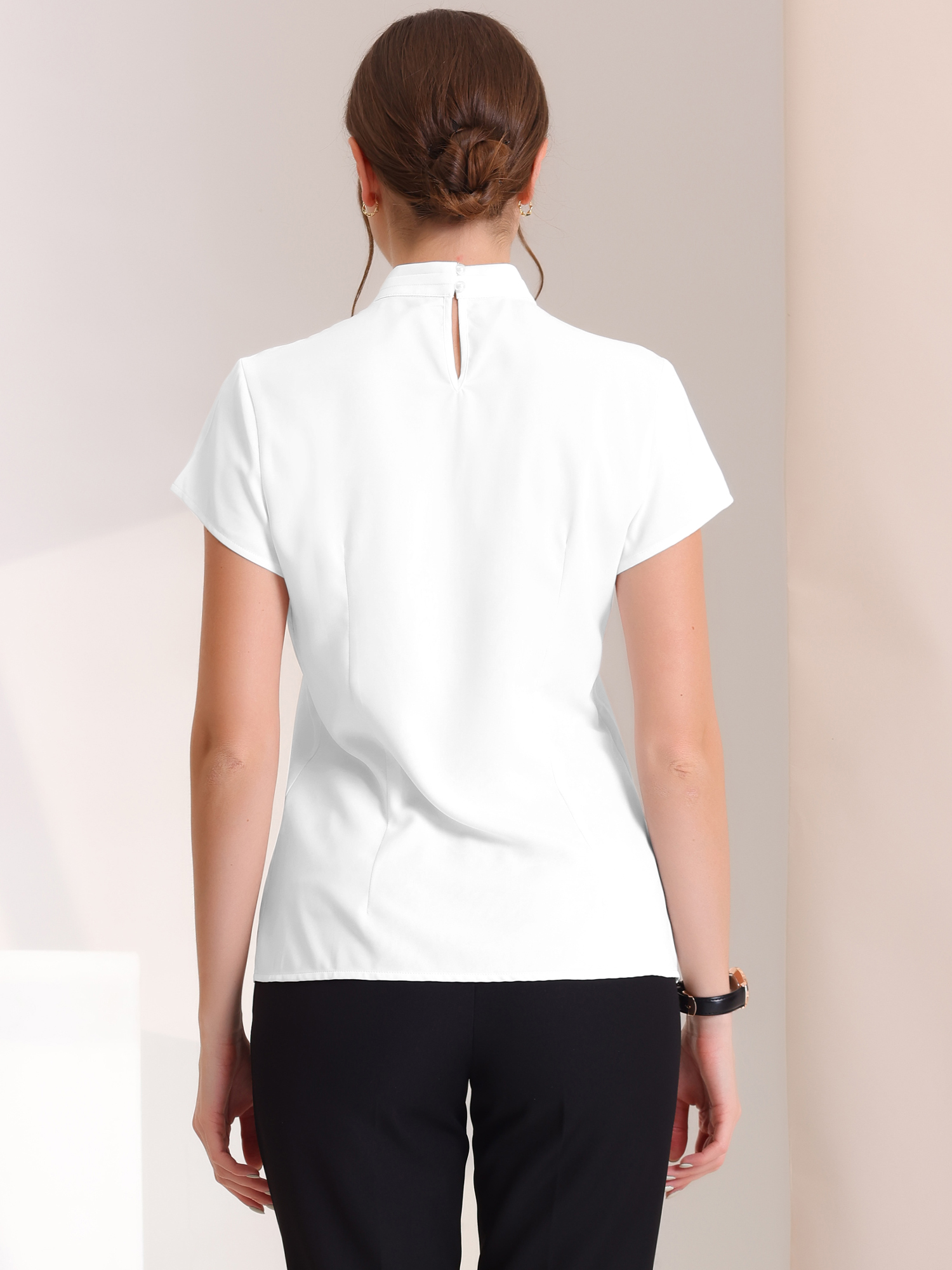 DARING DIVA Stand Collar Cap Sleeve Keyhole Back Blouse L White