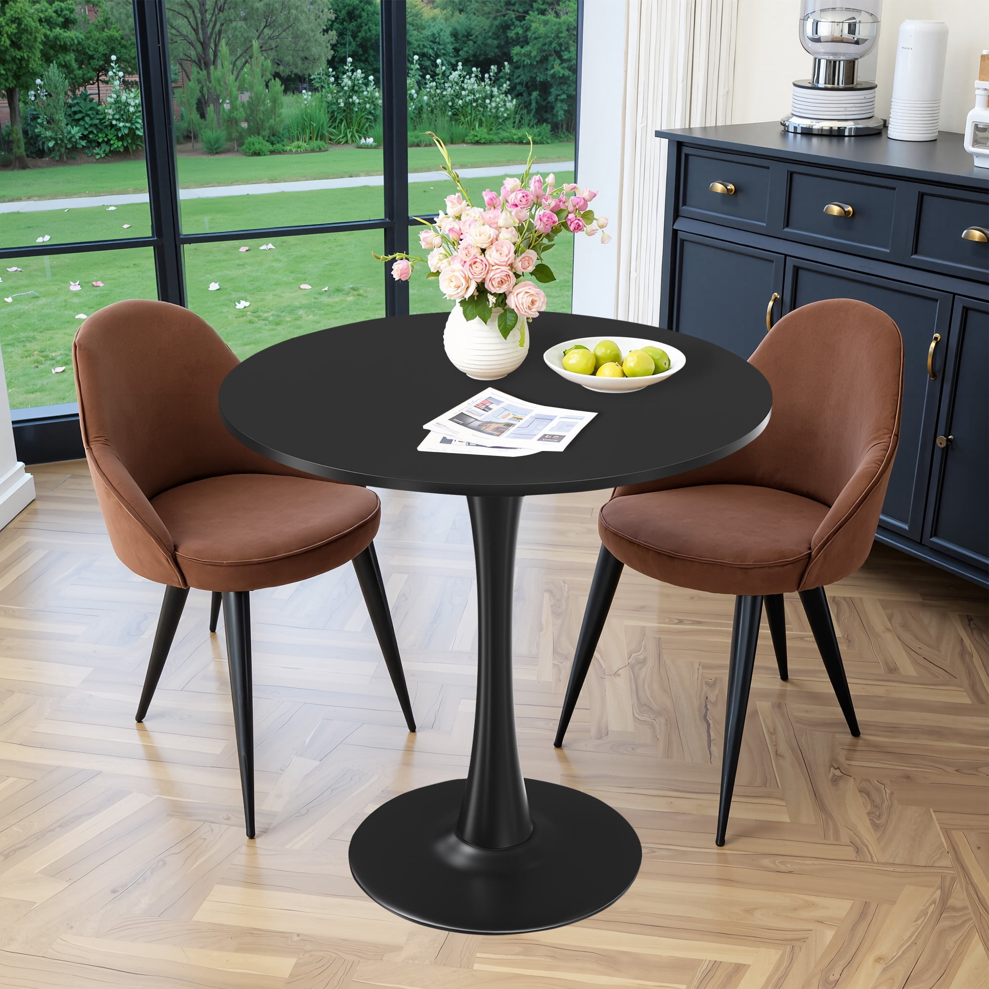 MAYEERTY 31.5" Black Small Round Dining Tulip Table, Wood Top, Metal Base, Functional for 2-4 Gatherings