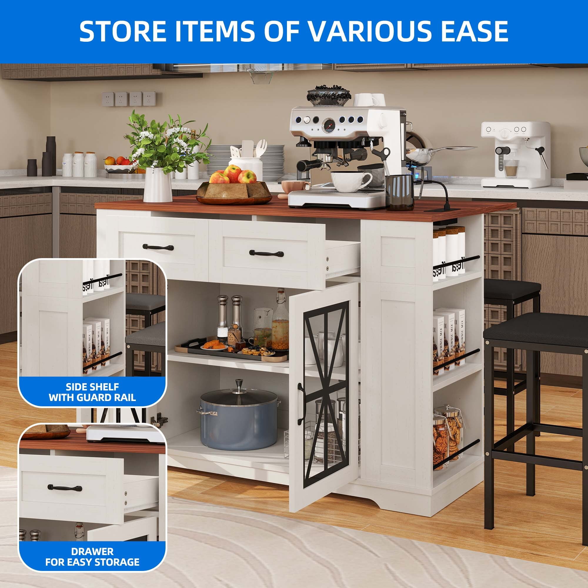 DEXTRUS Kitchen Island with Seating & Drop Leaf, Kitchen Island on Wheels with Doors & Drawers, Off-White
