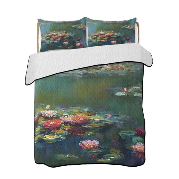 Full Size Quilt Bedding Set, Farmhouse Flower Reversible Summer Quilt 3 Pieces, Vintage Botanical Blooms Floral Art Lightweight Bedspreads Coverlets with 2 Pillow Shams for All Seasons