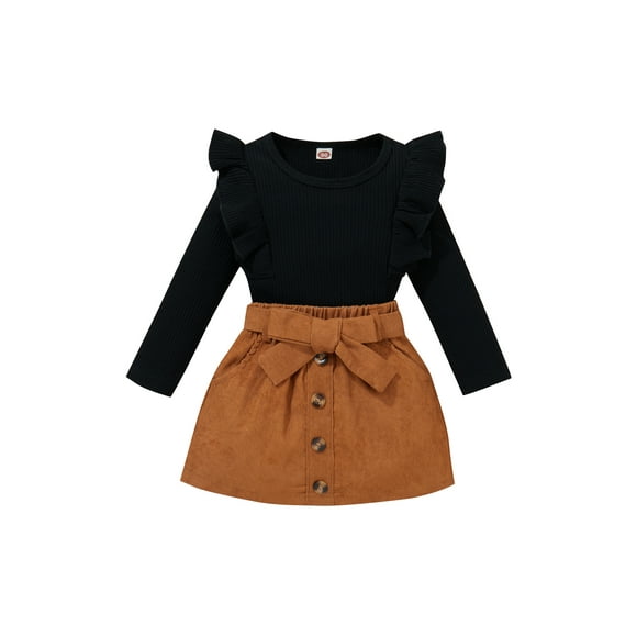 Fortune Kids Girl Fall Clothes Long Sleeve Ruffle Pullover Corduroy Mini Skirt 2PCS Outfits Set