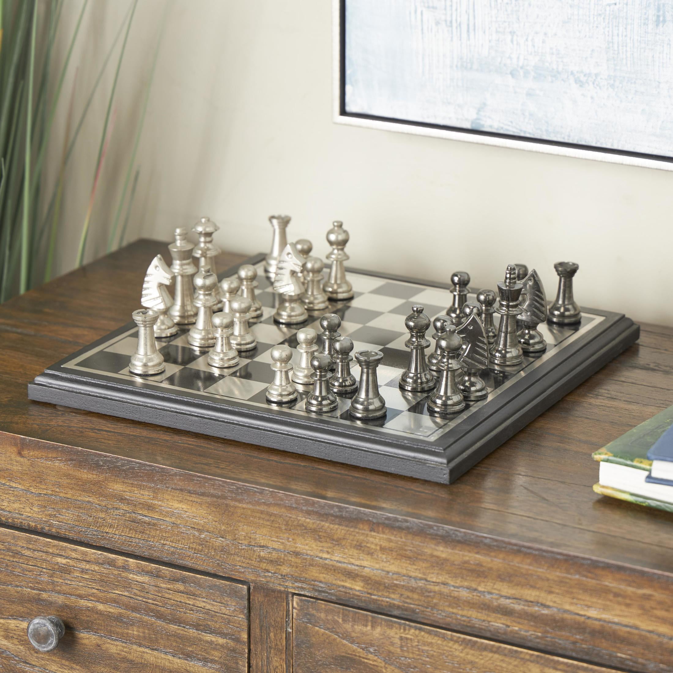 DecMode 12" x 1" Silver Aluminum Metal Chess Game Set with Black and Silver Pieces, 1-Piece