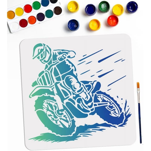Motocross Stencils 11.8×11.8inch Large Square Motorcycle Stencil Template with Paint Brush on Wood Canvas Paper Fabric Wall and Furniture for DIY