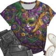 thumbnail image 4 of LEKWK Womens Graphic T Shirts Purple Gold Masquerade Masks Crew Neck 3/4 Sleeve Mardi Gras Shirt Beads Feather Print Carnival Party Blouse, 4 of 6