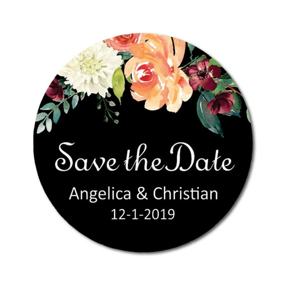 Darling Souvenir Round 45 Pcs Floral Save The Date Stickers Wedding Personalized Bride Groom Names And Date Envelope Seals - Black
