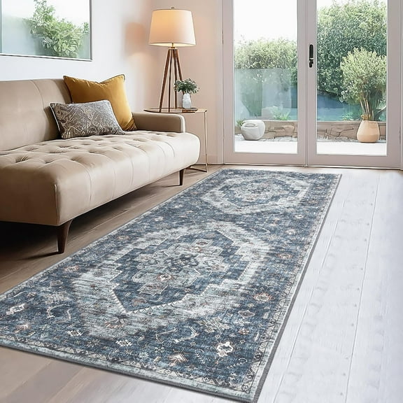 Runner Rug 2x6 Vintage Floral Hallway Carpet Machine Washable Non-Slip Indoor Long Rug for Kitchen Bathroom Bedroom Office Oriental Medallion Accent Throw Easy Clean, Blue