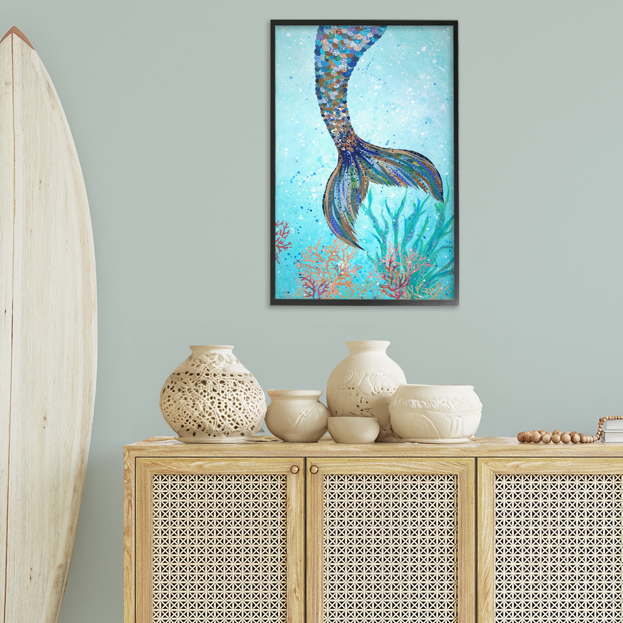 Stupell Industries Tall Tails Mermaid Fairy Tales & Fantasy Painting Black Framed Art Print Wall Art, 20 x 30