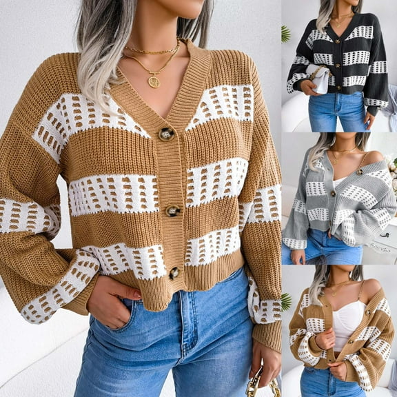 HAPIMO Womens Y2K Long Sleeve Cardigan Fall Fashion V Neck Knitted Cardigan Dressy Casual Stripe Buttons Sweaters Tops Teen Girls Clothes Gray M