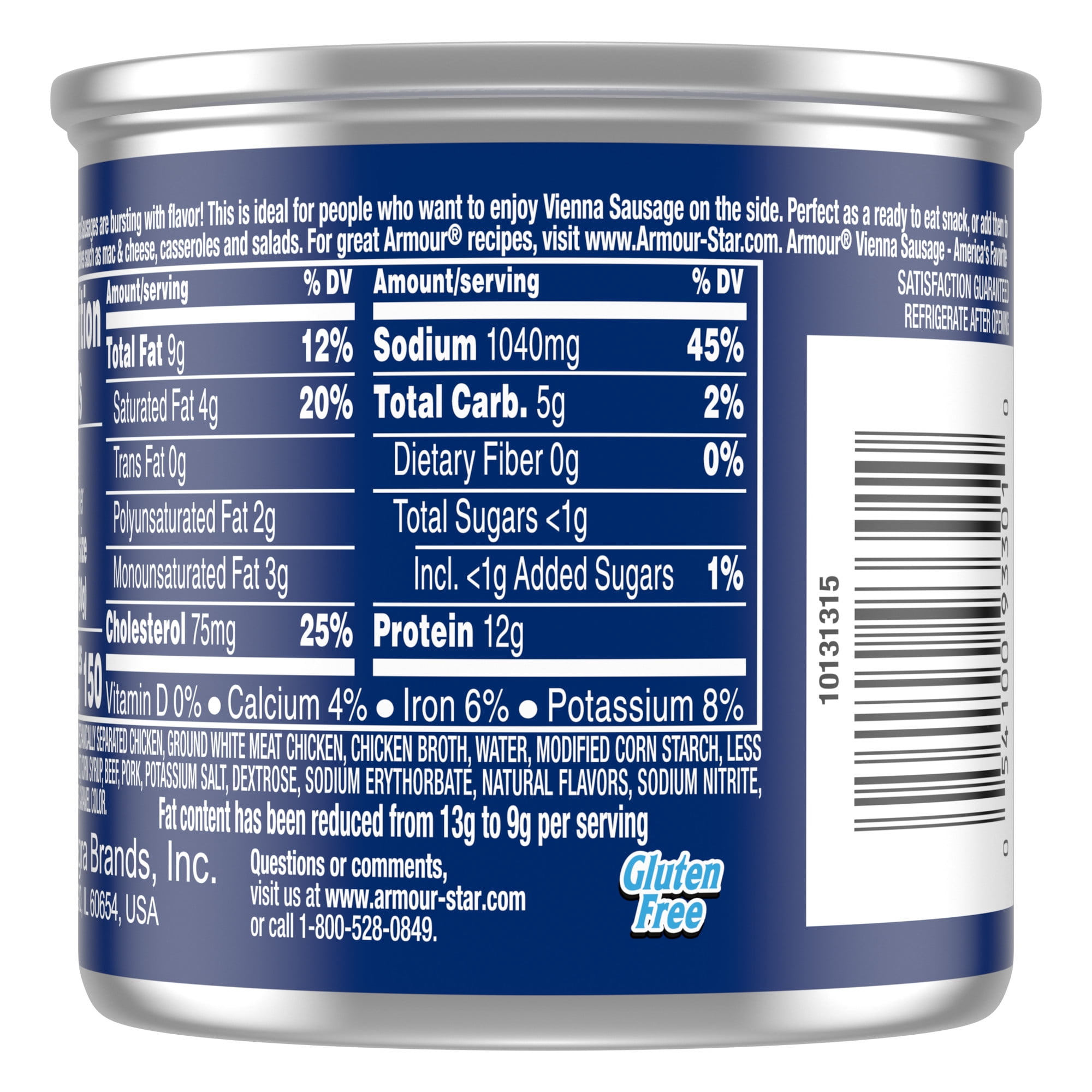 (4 pack) Armour Star Reduced Fat Vienna Sausage, 6g protein Per Serving, Canned Sausage, 4.6 oz. Can