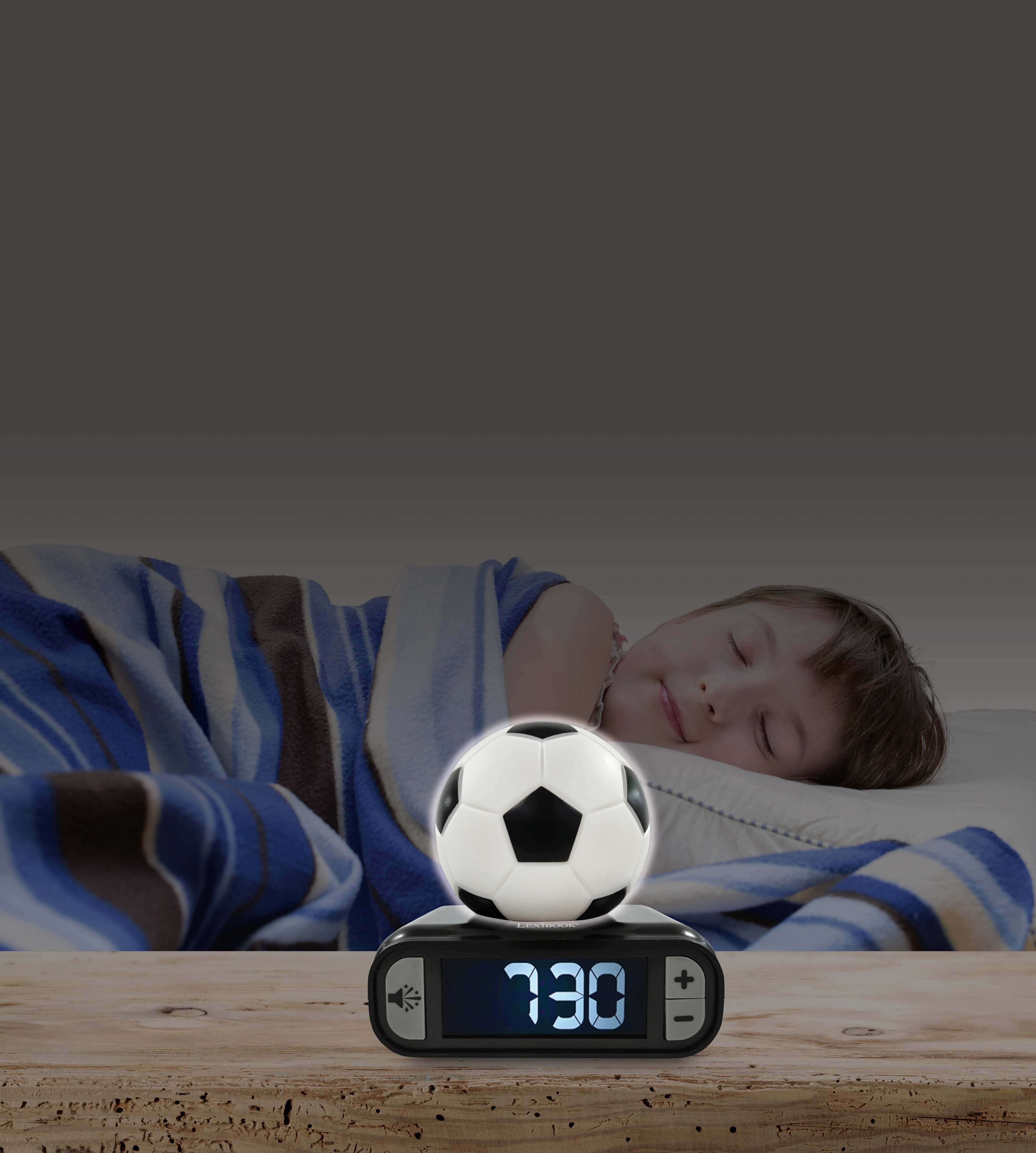 Lexibook - Soccer Ball Digital Alarm Clock with Night Light Snooze, Clock, Luminous Soccer Ball, Black Colour
