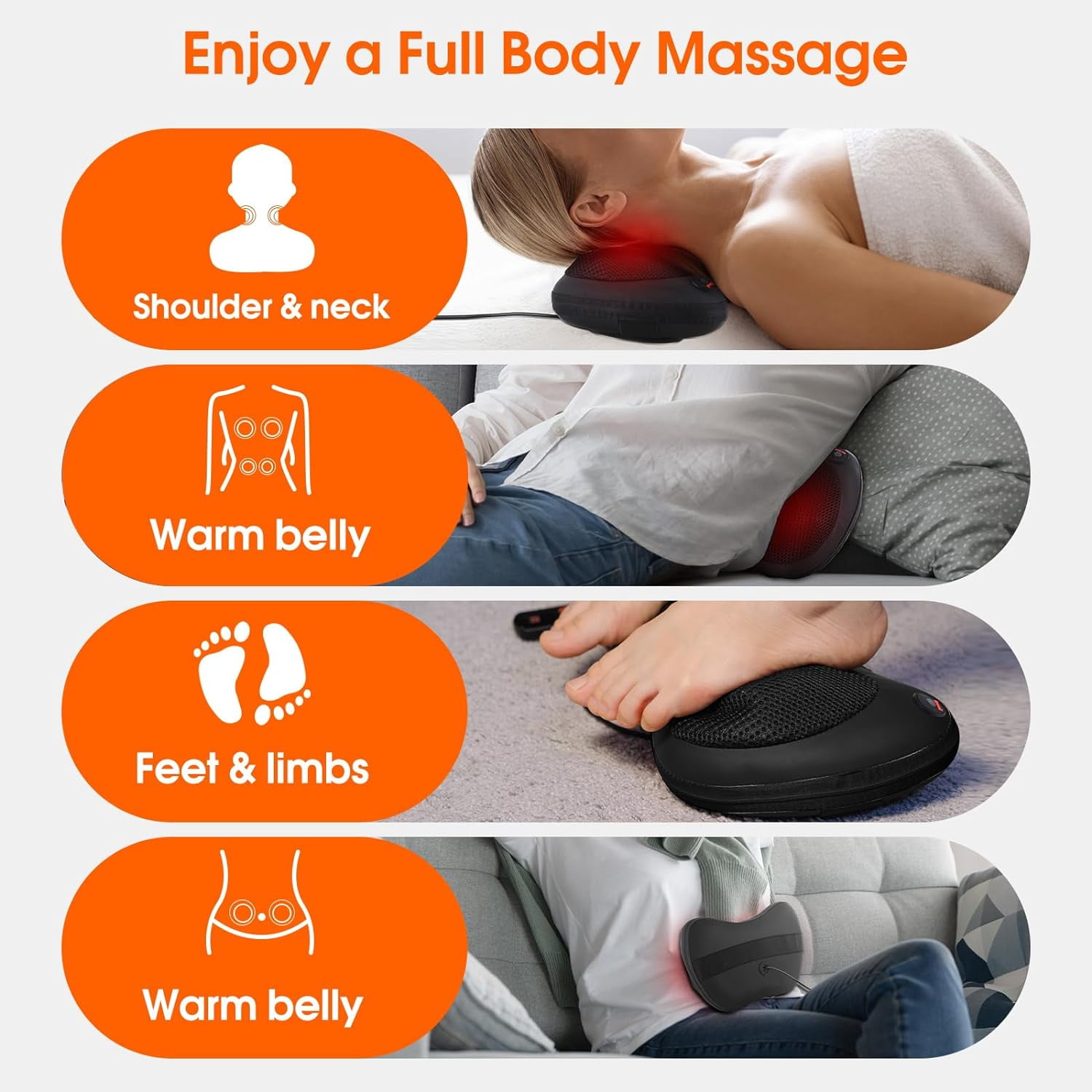BN-LINK Back and Neck Massager with Heat, Electric 3D Deep Kneading Tissue Massage Pillow for Chair & Car, Muscle Pain Relief on Shoulders, Legs, Foot, office and Home Use